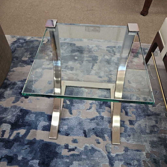 Side Table, Sleek "Z" Frame Polished Nickel, Cantilever Glass Top 16Sq 20H