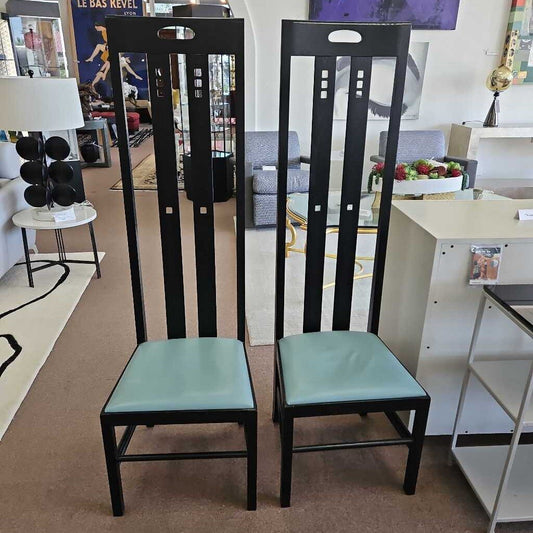Chas. Rennie Mackintosh-Style Ingram Hi-Chair, Ebonied Wood, Slated Back 18.5W 17D 59H - PAIR