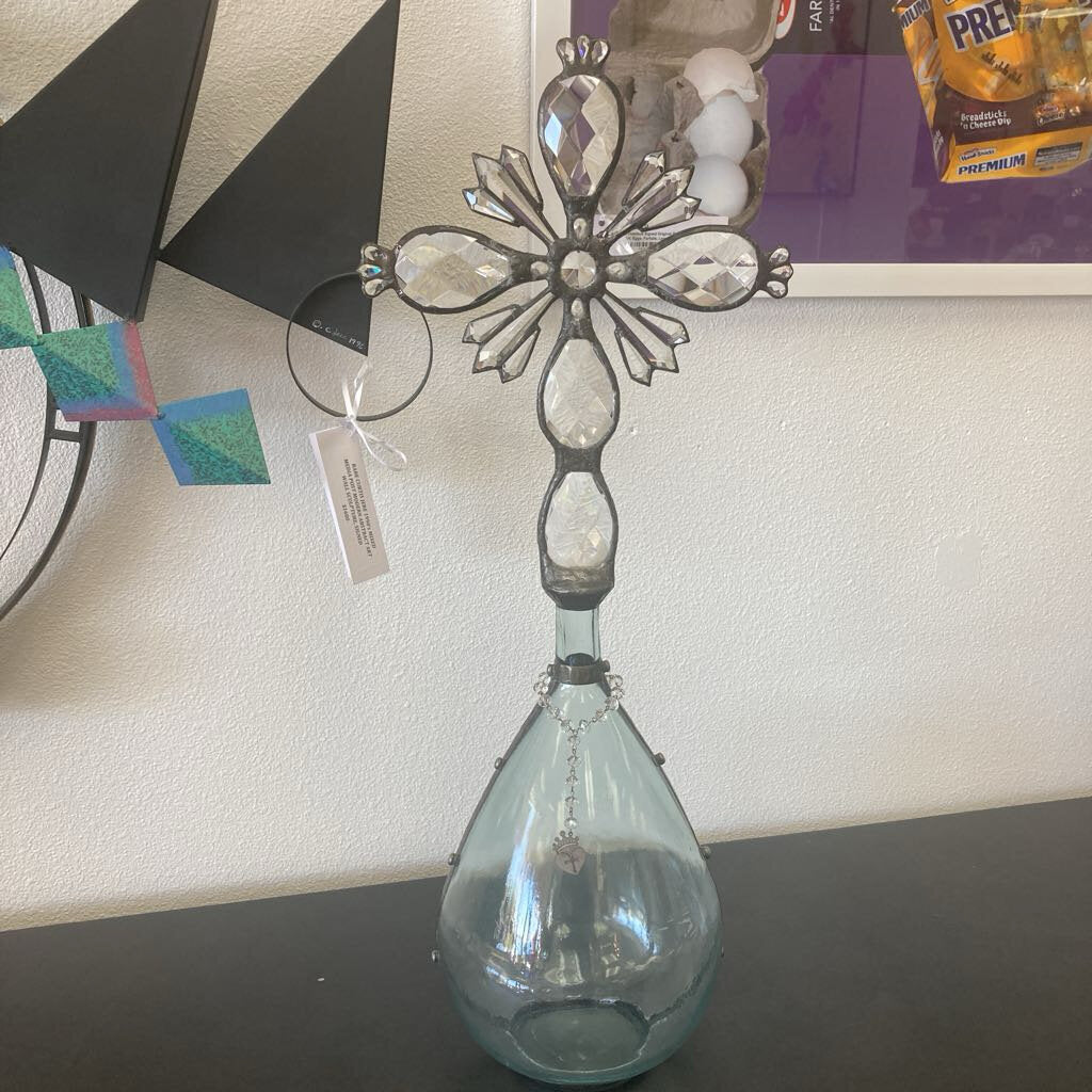 Artisan Handcrafted Custom Faceted Crystal Cross, Vtg. Handblown Glass Bottle 28H