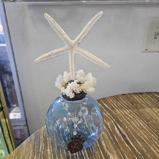 Natural Starfish w/ Sea Coral, Rust-Colored Scottish Heart, Blue Glass Bottle 10.5H