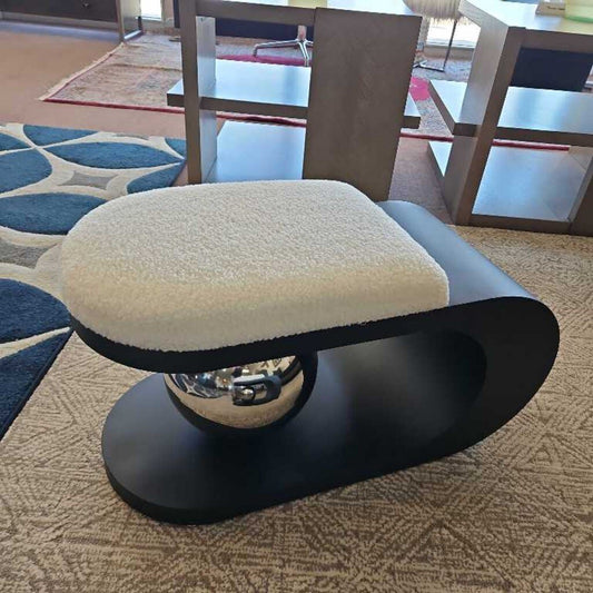 Modern Geometric Matte Black Carbon Steel Bench, White Sherpa/Lambswool Fabric