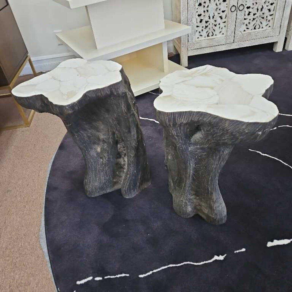Sculptural Hand-Crvd Fossilized Clay Shell, Charred Wood Side Tables, Twisted Pedestal Design (PAIR)