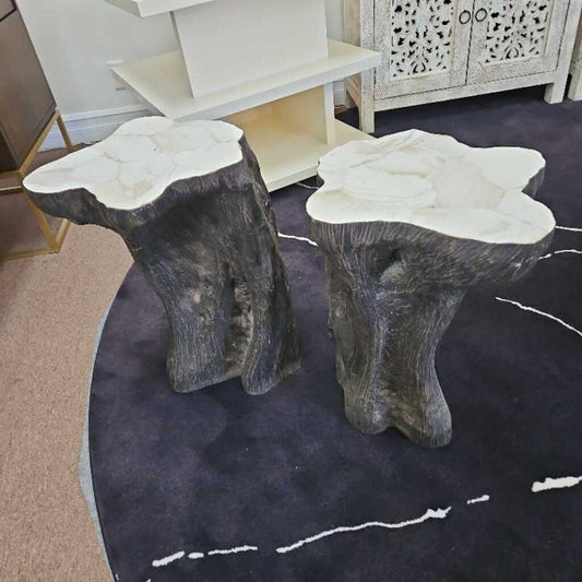 Sculptural Hand-Crvd Fossilized Clay Shell, Charred Wood Side Tables, Twisted Pedestal Design (PAIR)
