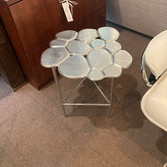 Modern Organic Silhouette in Silver Metallic Finish Side Table, Mimics Flat River Stones 18W 18D 20.5H