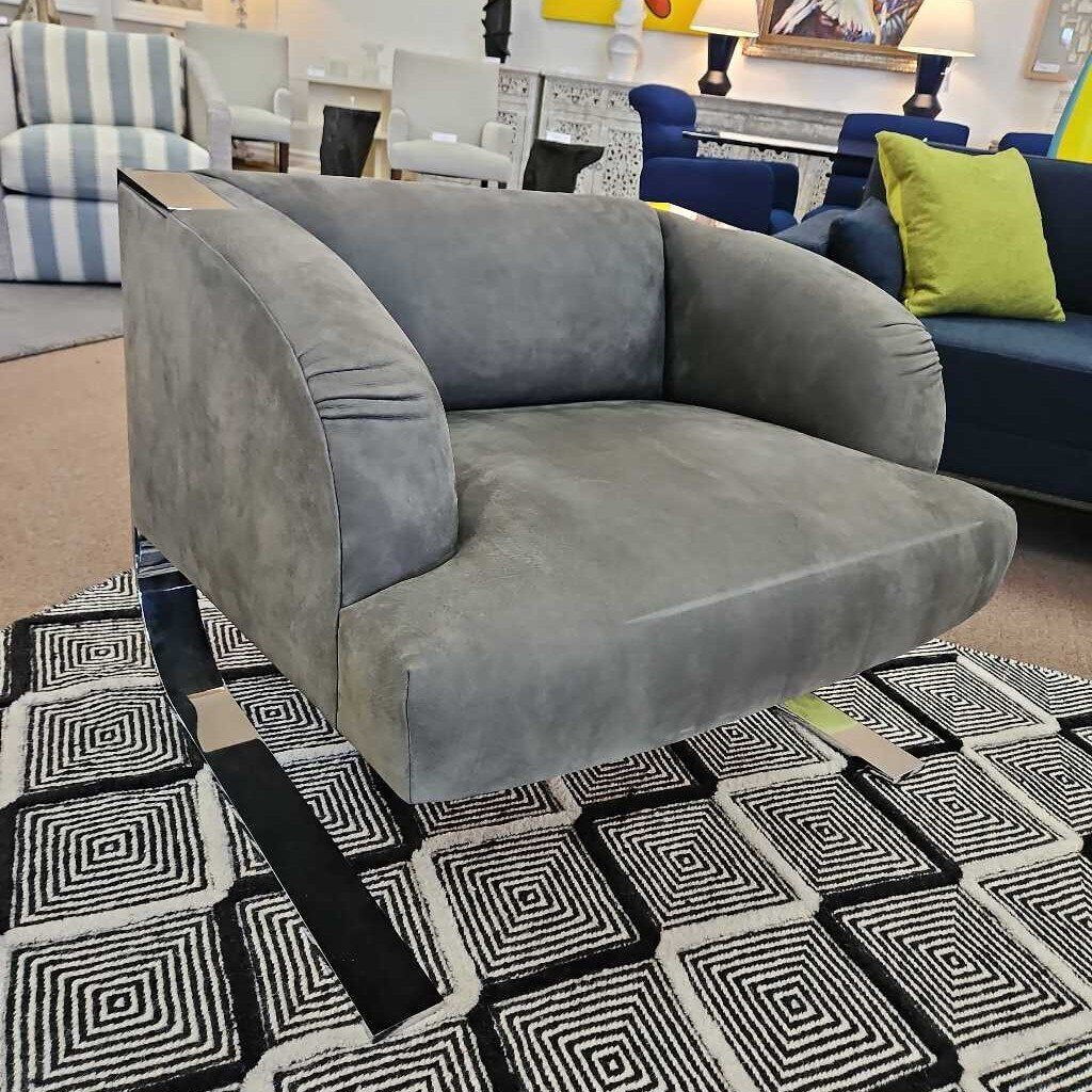 Donghia Grey Lounge Chairs, Leather, Stainless Steel Frame 36W 36D 29.5H - PAIR