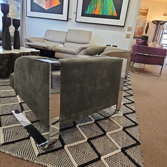 Donghia Grey Lounge Chairs, Leather, Stainless Steel Frame 36W 36D 29.5H - PAIR