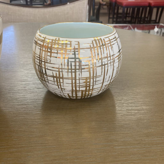 Signed Jill Rosenwald White Ceramic Mini Bowl, Metallic Gold Accent 4.75Dia