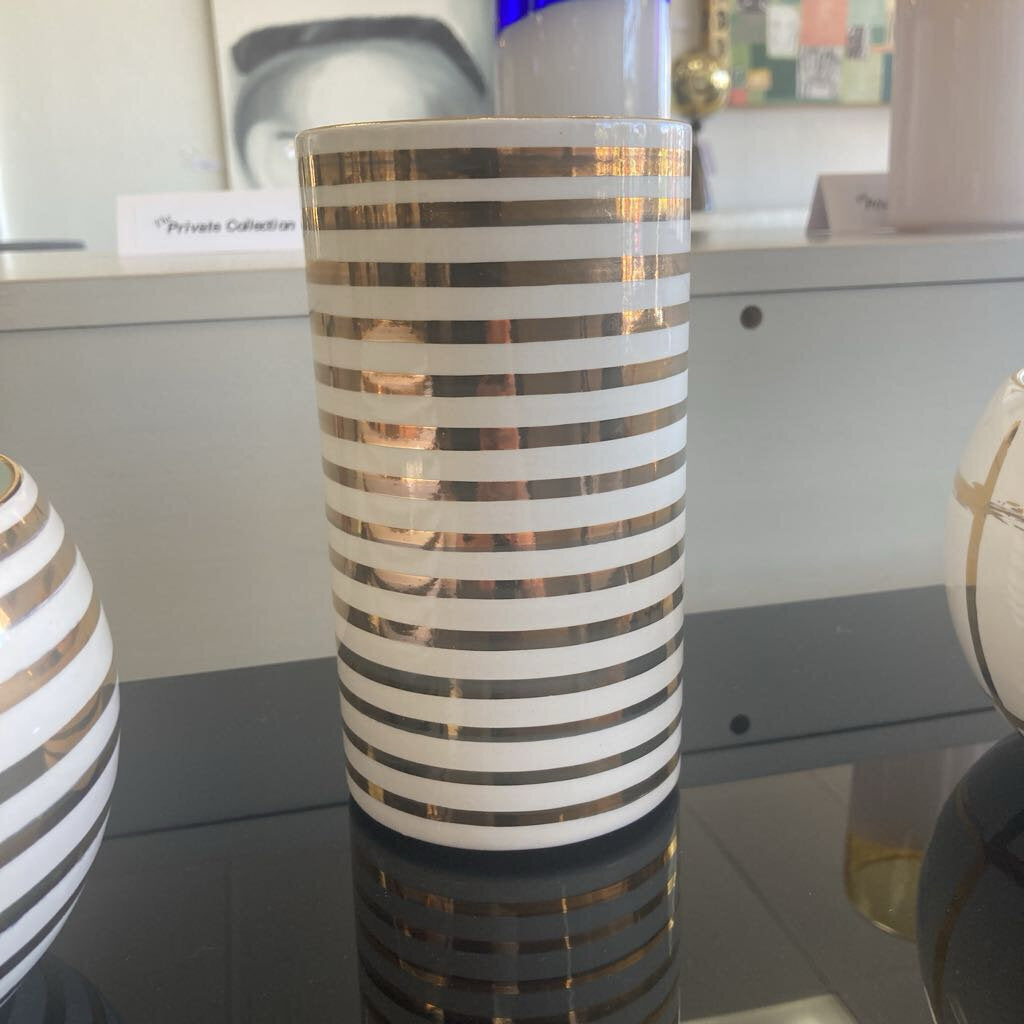 Signed Jill Rosenwald White Ceramic Cylindrical Vase, Metallic Gold Accent 3.5Dia 6.5H