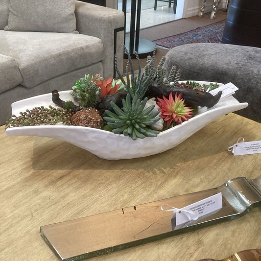 White Ceramic Bowl w/Succulents & Quartz Floral Arrangement w/Driftwood27H