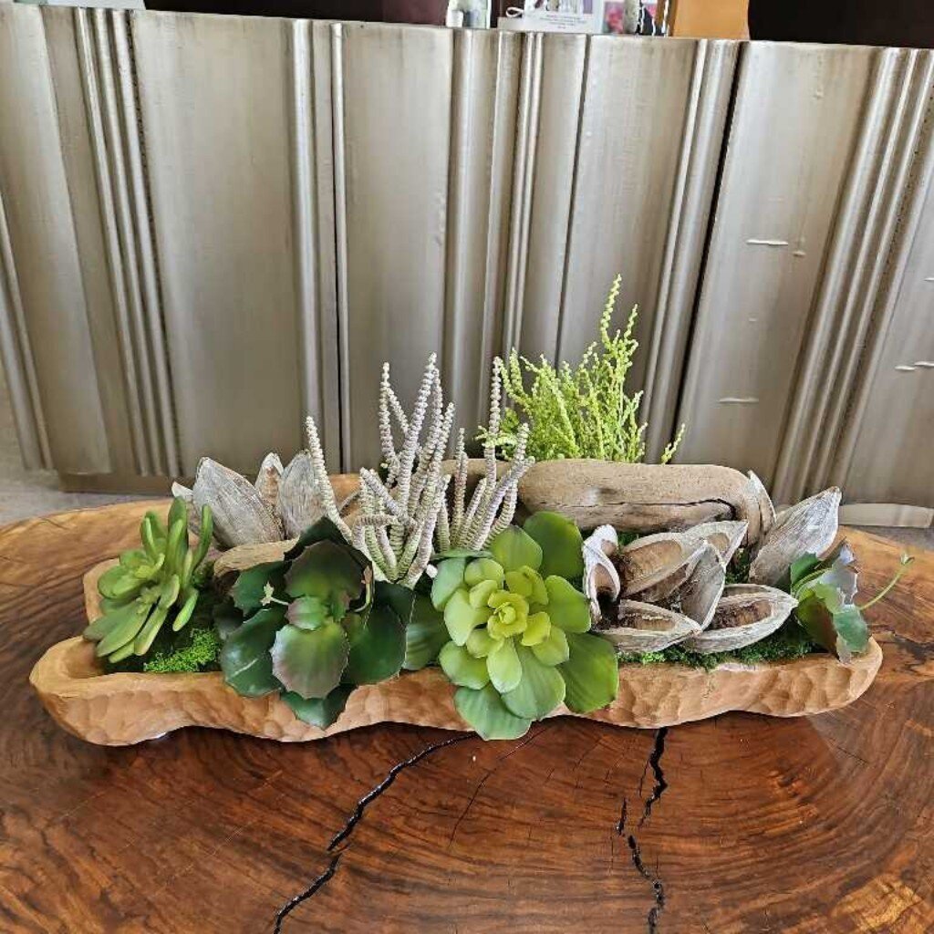Natural Wood Bowl w/Pods & Succulents Floral Arrangement w/Driftwood 24L
