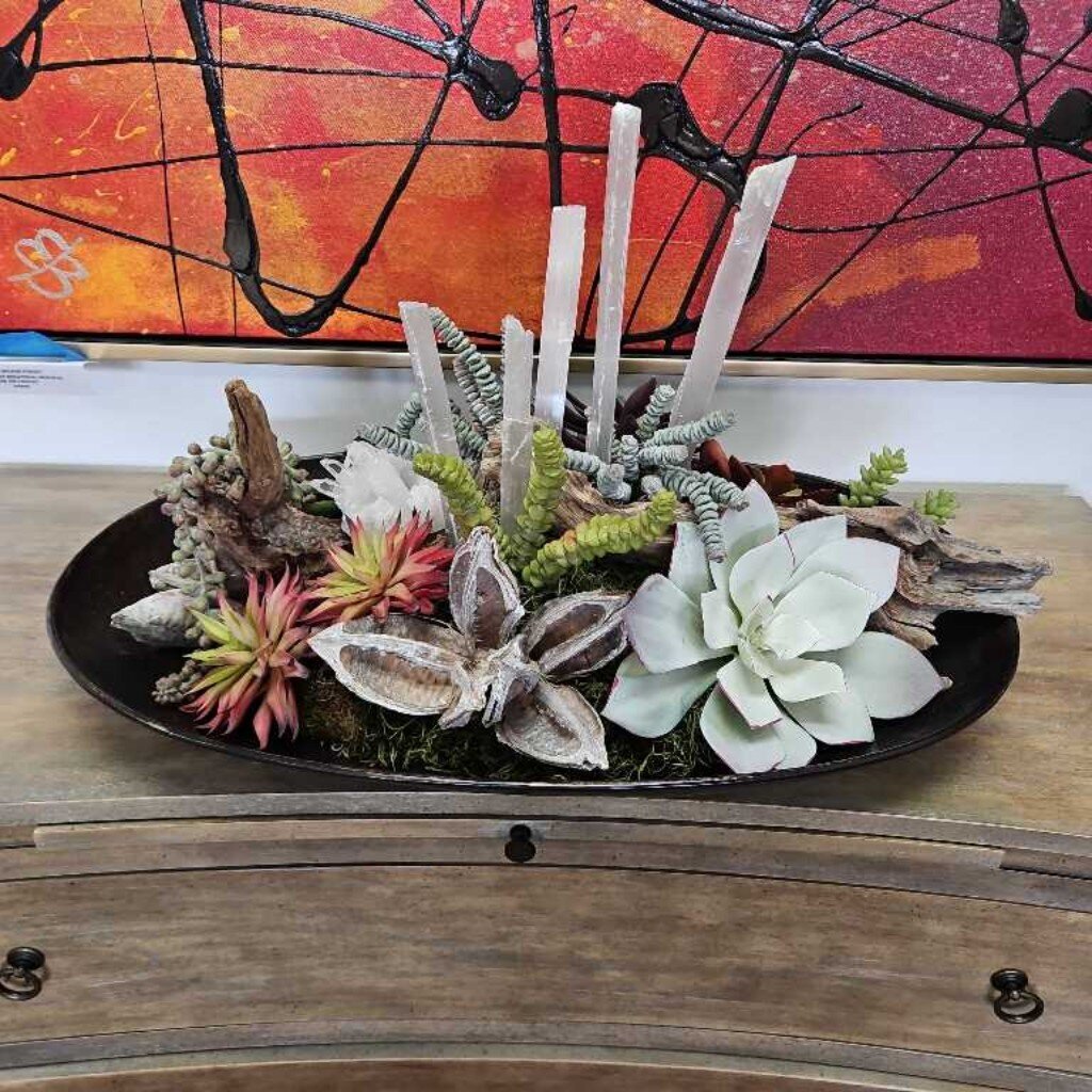 Lg. Oval Metal Bowl w/Succulents and Standing Quartz floral Arrangement w/Driftwood 26L