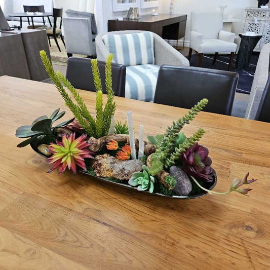Sm. Oval Metal Bowl w/Succulents & Quartz Floral Arrangement w/Driftwood 22L