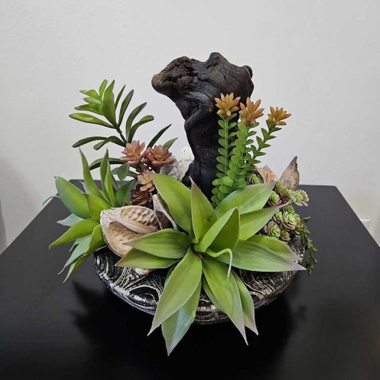 Black & White Wood Base w/Succulents & Dark Driftwood Floral Arrangement12H