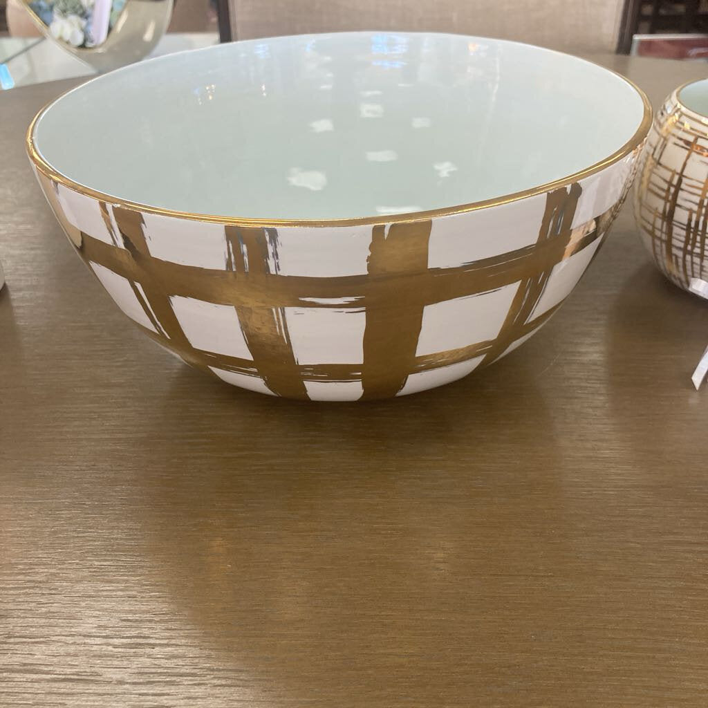 Signed Jill Rosenwald Gold Plaid White Ceramic Bowl 10.25"Dia x 4.75"H