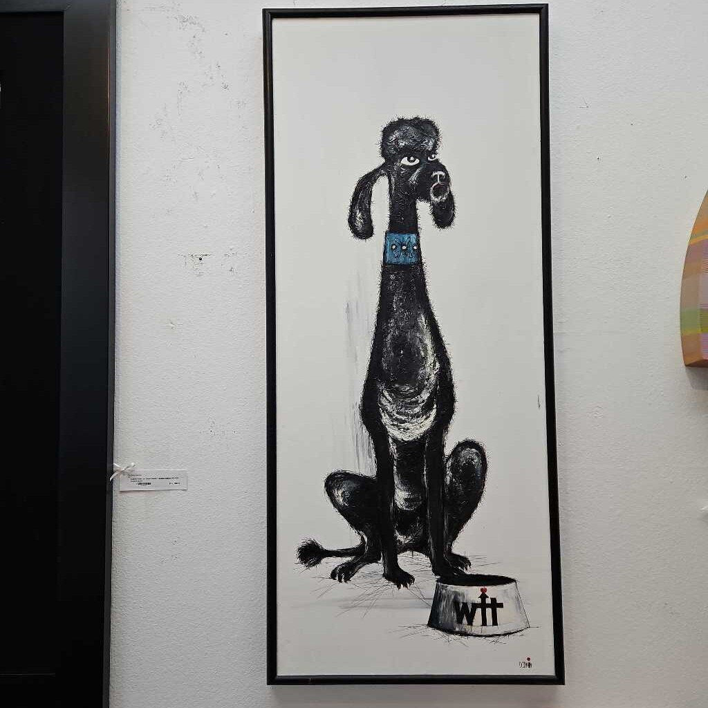 Black Poodle Hand Painted on Canvas, Signed Dorwin 21W 49.5H