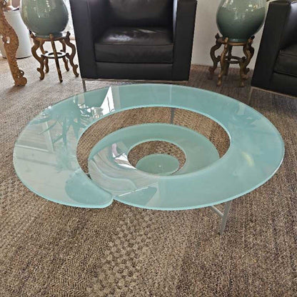 1990's Giorgio Cattelan Spiral Coffee able for Cattelan Italia, Frosted Glass Top & Steel Base 45Dia 13.5H