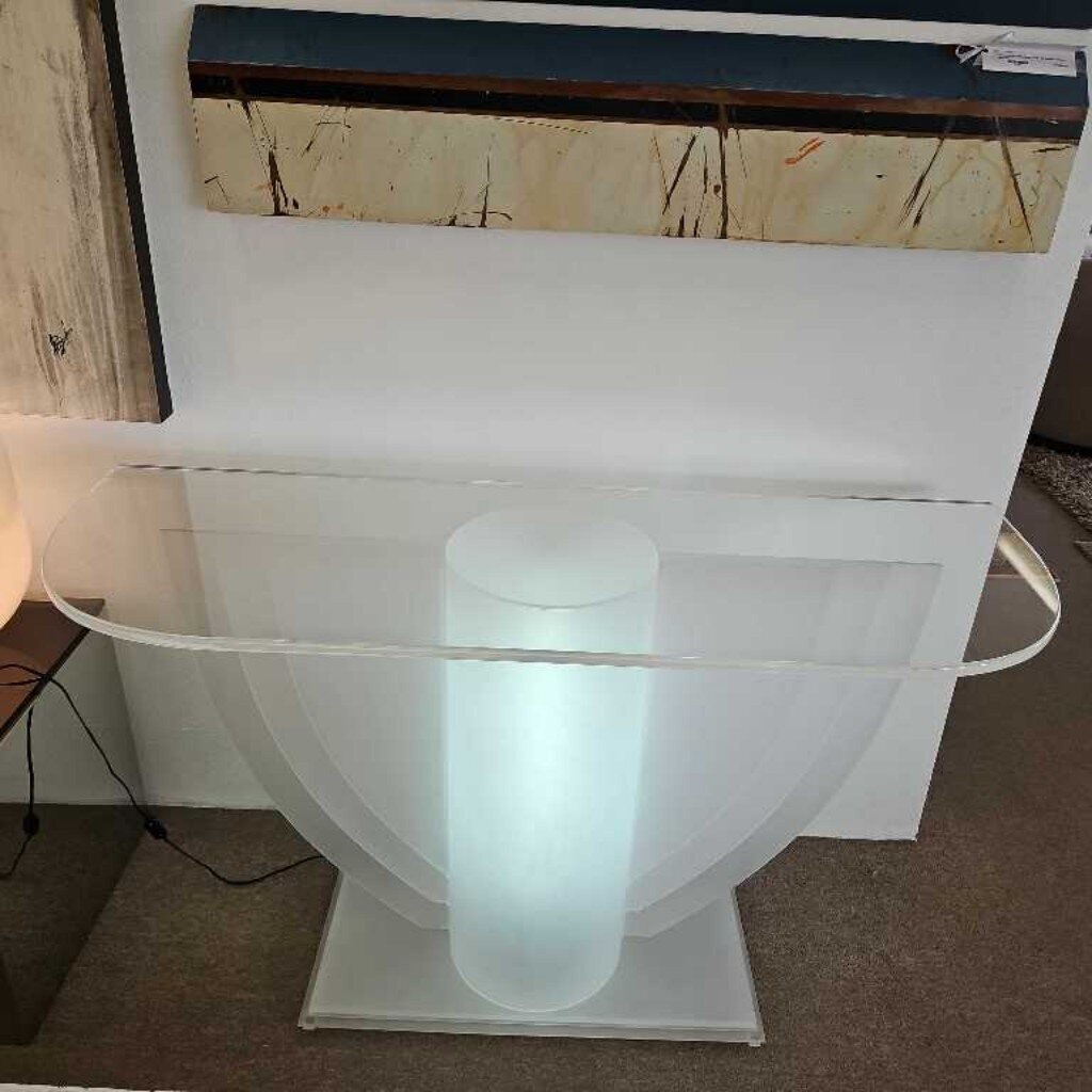 Modern Acrylic Pedestal Console, Clear Glass Top, Semi-Circular Sculptural Base 55.5W 19.25D 32.5H