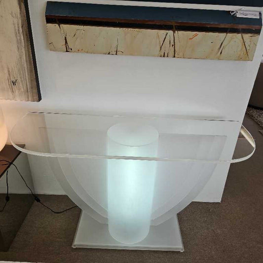 Modern Acrylic Pedestal Console, Clear Glass Top, Semi-Circular Sculptural Base 55.5W 19.25D 32.5H