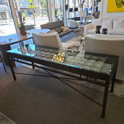 Rustic Wrought Iron Console, Thick Inset Glass w/Hand Carved Wood Display 81W 25D 28.5H