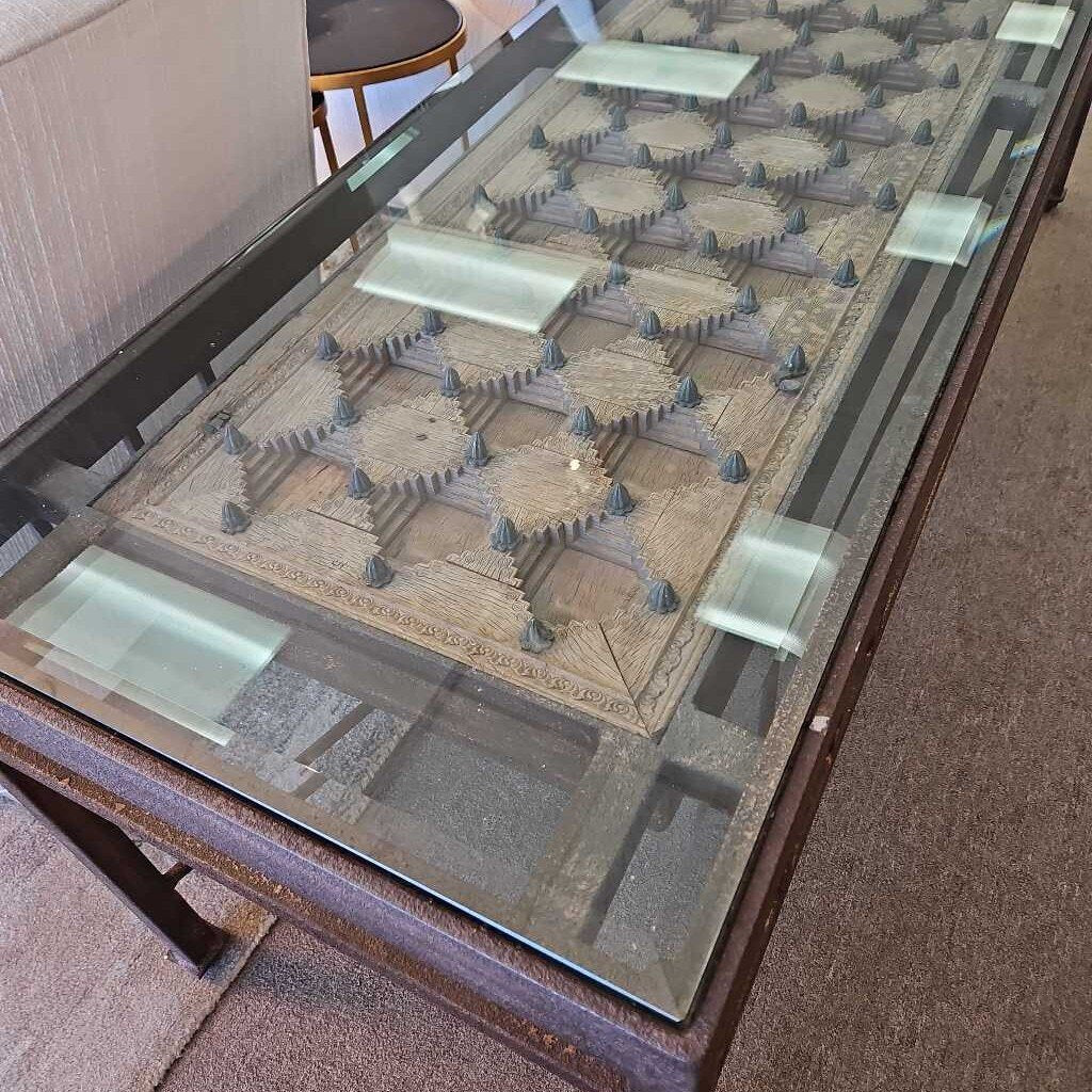 Rustic Wrought Iron Console, Thick Inset Glass w/Hand Carved Wood Display 81W 25D 28.5H