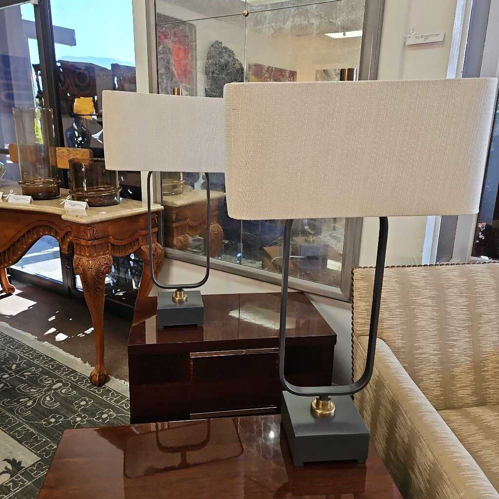 Contemporary Matte Black Metal Frame Table Lamps, White Fabric Shades 34H - PAIR