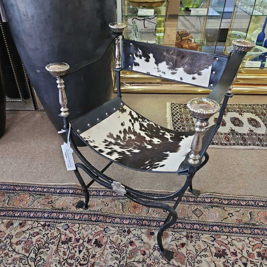 Italian Campaign Style Iron Cowhide Arm Chair 23.5W 16D 31H