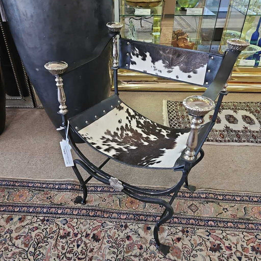Italian Campaign Style Iron Cowhide Arm Chair 23.5W 16D 31H