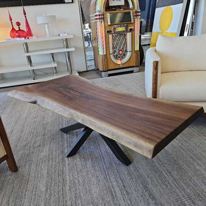 Handcrafted, One of a Kind Black Walnut Coffee Table, Matte Black Steel Support 55.5 x 30 x 18.25