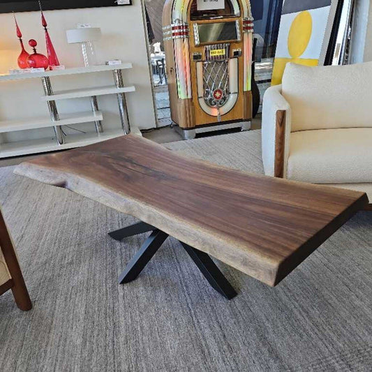 Handcrafted, One of a Kind Black Walnut Coffee Table, Matte Black Steel Support 55.5 x 30 x 18.25