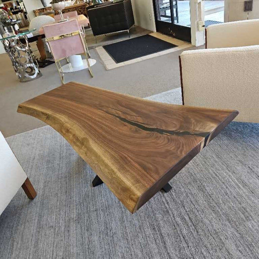 Handcrafted, One of a Kind Black Walnut Coffee Table, Matte Black Steel Support 55.5 x 30 x 18.25