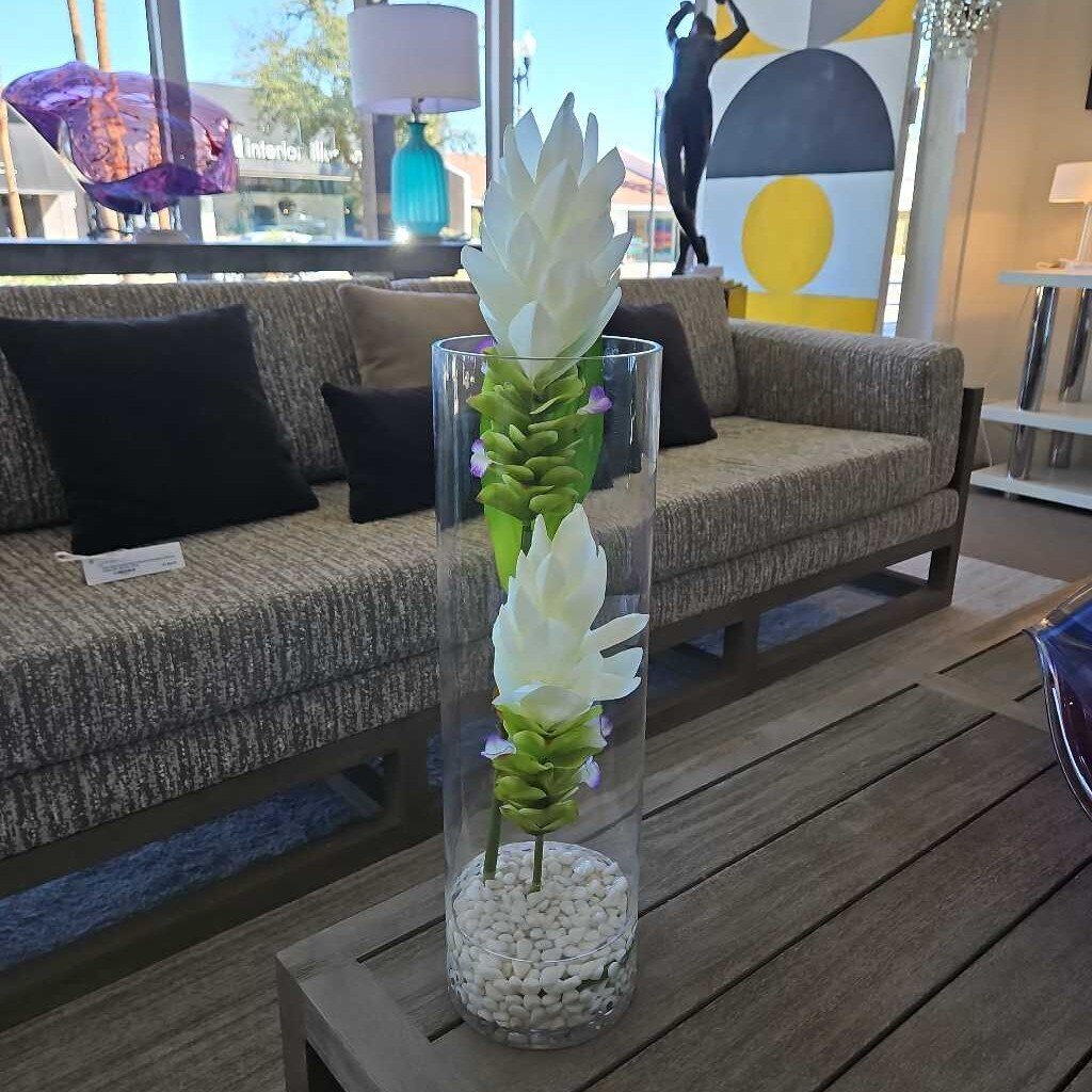 "Dancing Moonlight" White Ginger Flowers in Clear Cylinder Glass Vase 26H