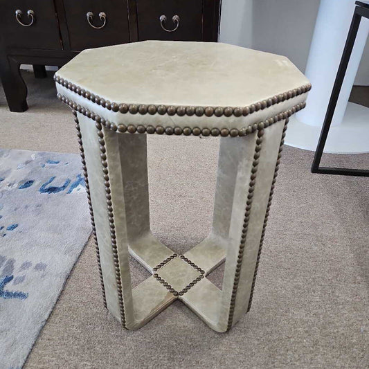 Thom Filicia Green Octagonal Leather Upholstered, Nailhead Trim 15.5Dia 20.5H