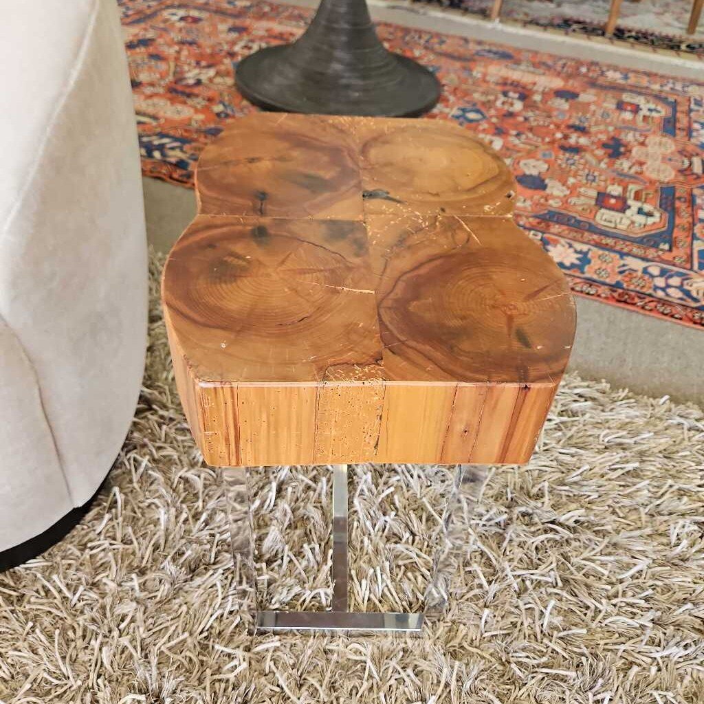 Vintage Natural Wood Side Table, Chrome Base 16.75W 12D 18H