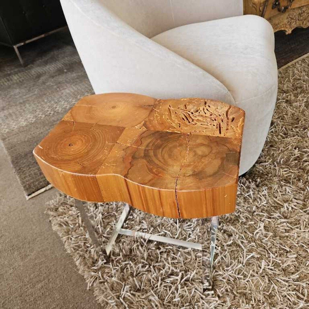 Vintage Natural Wood Side Table, Chrome Base 16.75W 12D 18H