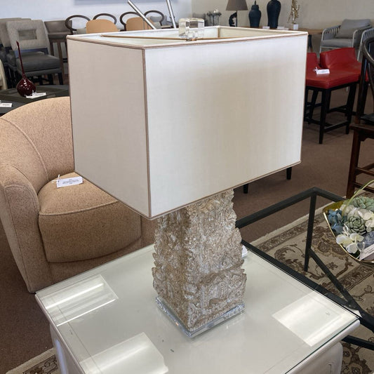 Cast-Plaster Figurative Relief Carving, Lucite Base Table Lamps w/Shades - PAIR