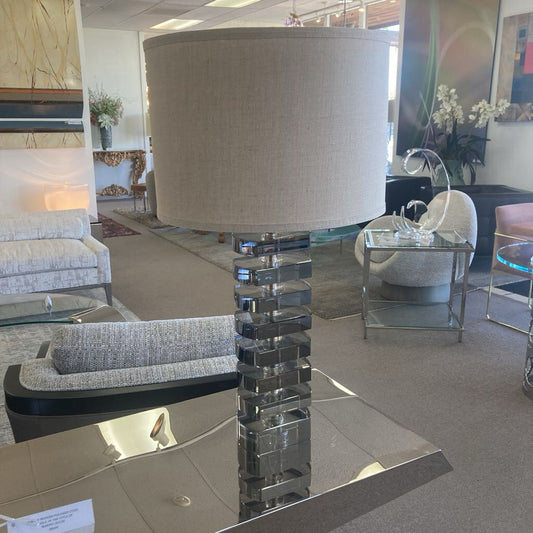 Jamie Young Stacked Geometric Column Smoked Glass, Chrome Base Table Lamps 30.5H - PAIR
