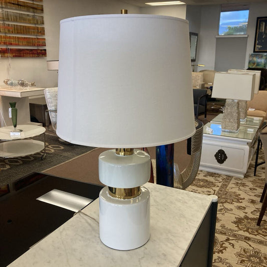 Stacked White Ceramic, Polished Metallic Gold Accent Table Lamps 30.5H - PAIR