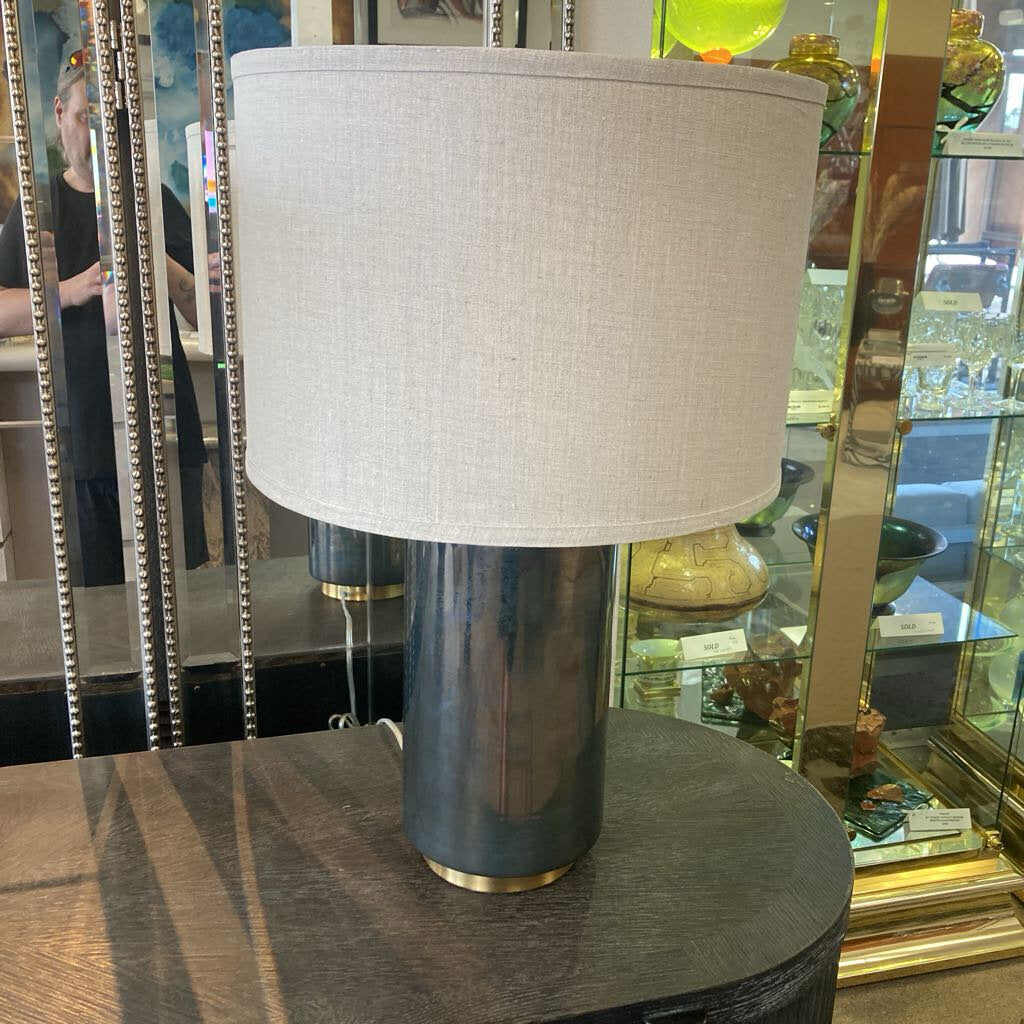 Sleek, Cylindrical Tinted Glass w/Brushed Brass Trim Table Lamps 25.5H - PAIR
