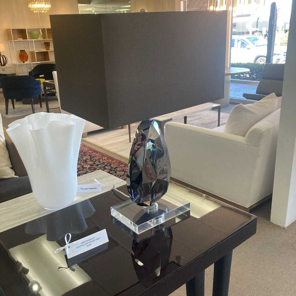 Faceted Tear-Drop Crystal Base, Clear Lucite Platform Table Lamps 25H - PAIR