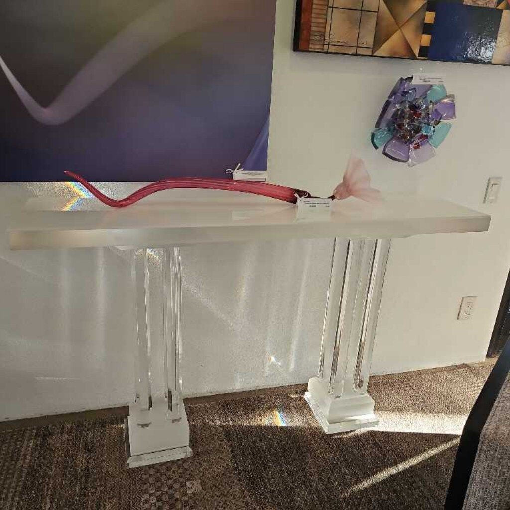 Vtg. Modern Lucite Console, Acrylic Column Legs 60W 14D 35.5H