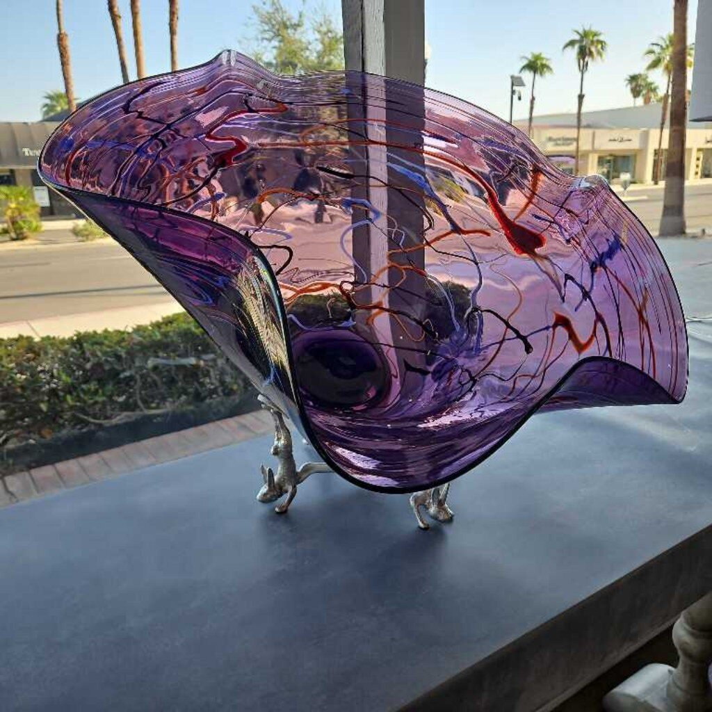 Signed (Ross) Neder Studio Hd. Blown Amethyst Sculpture, Bunny Stand 18H