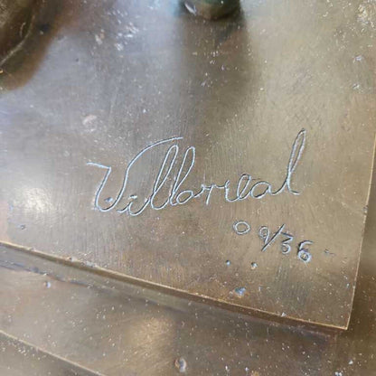 Signed Villerreal Ltd. Ed. 9/35 Art Deco Bronze Dancer Sculpture, Marble Plinth 15 Sq. 71.5H