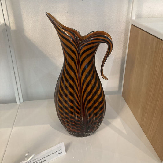 Hd. Blown Murano Art Glass Vessel, Amber w/Blk "Tiger Stripe" 15H