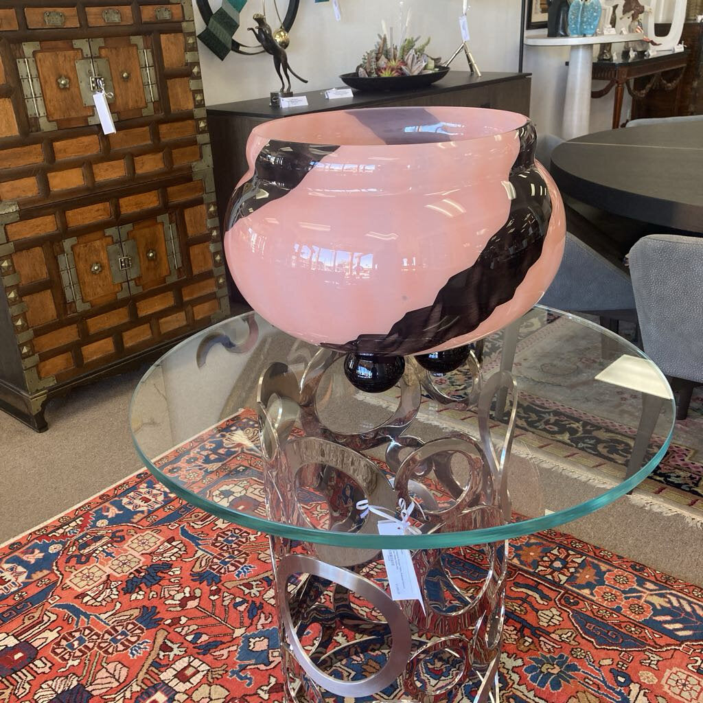 Bohemian Tango Glass Pink Bulbous Bowl w/Blk Feet 19 Dia. 15H