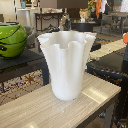 Danish Ruffled White Glass Vases (PAIR) AS-IS