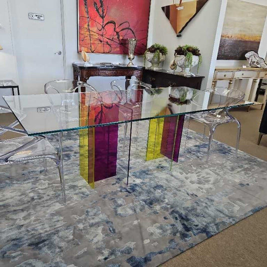 Roche Bobois Dining Table, Rectangular Glass Top w/Acrylic Supports 86.5W 39D 29H