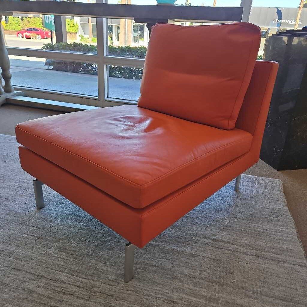 Ligne Roset Stricto Sensu Orange Leather Chair 27.5W 33.5D 25H