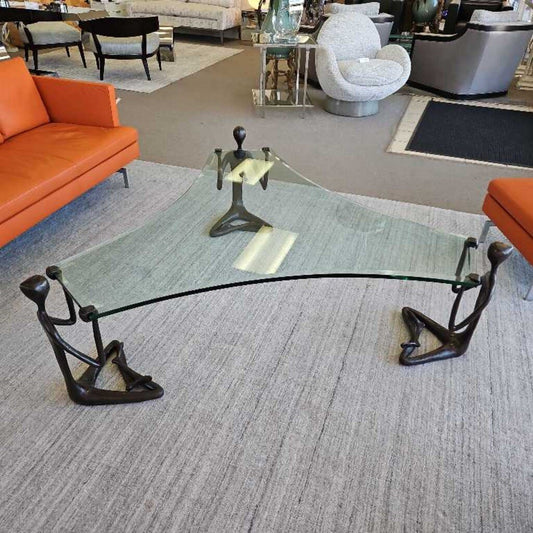 Signed Artist John Kennedy Seated Bronze Figures Supporting Beveled Glass Coffee Table 64Sq 21.5H