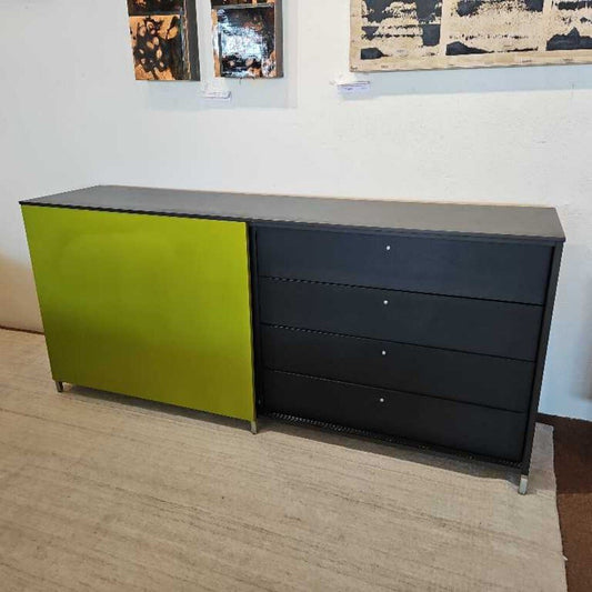Ebony Oak/Green Lacquer 4-Drawers w/Sliding Door Cabinet 75.5W 17.75D 33.25H