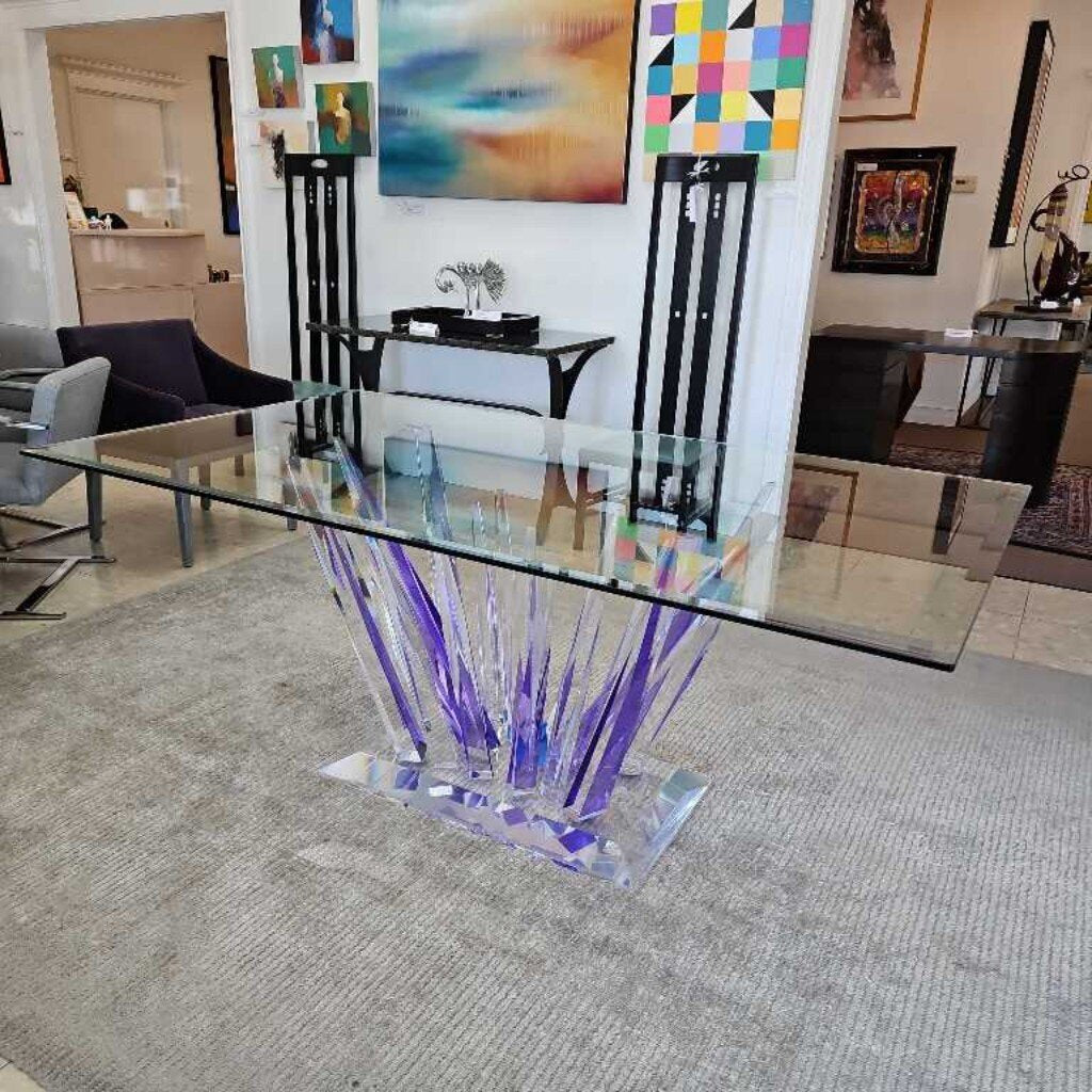 Amethyst Acrylic Rods w/Beveled Glass Top Dining Table 72W x 42D x 29.5H - AS IS